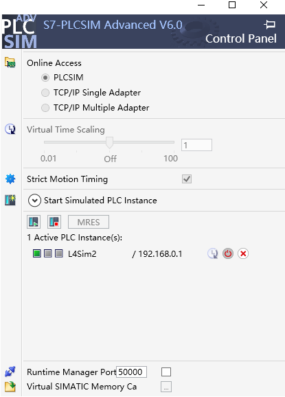 S7-PLCSIM Advanced 控制面板：实例 L4Sim2 已注册并在运行